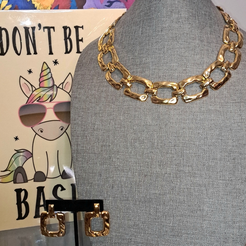 Vtg Chunky Gold Tone Square Shaped Necklace & Earring Set (Multiple Available